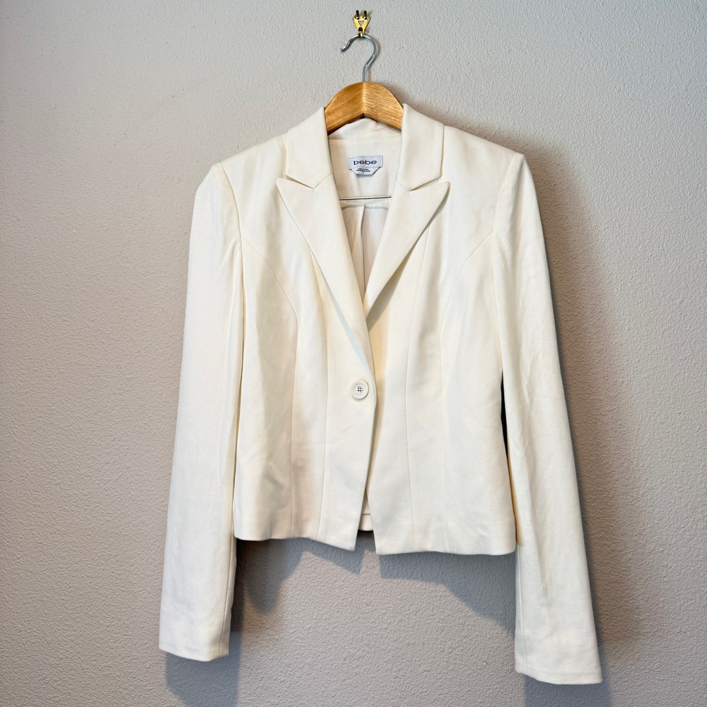 Bebe Off White Braided Open Back Blazer Jacket Size 8 Tailored Cream Cutout